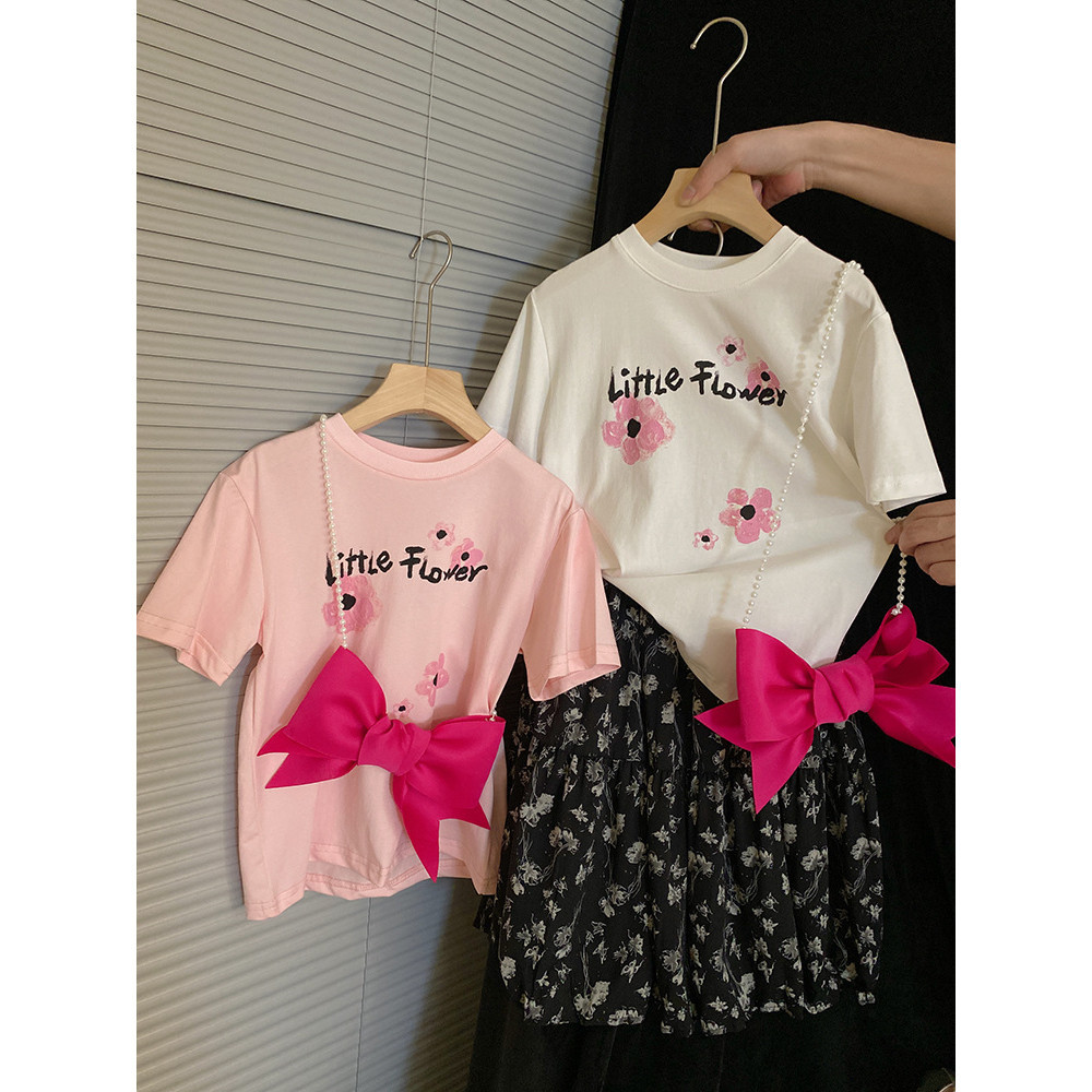✨HIKIDS✨韓版女童套裝 字母印花T恤+蝴蝶結鏈條 復古碎花半身裙 洋氣套裝