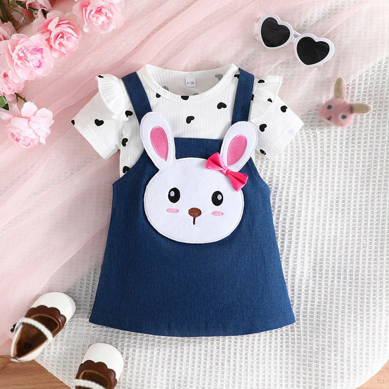 (0-2 歲)女嬰可愛兔子衣服套裝兒童女孩棉針織上衣+工作服裙子短袖印花荷葉邊 T 恤套裝