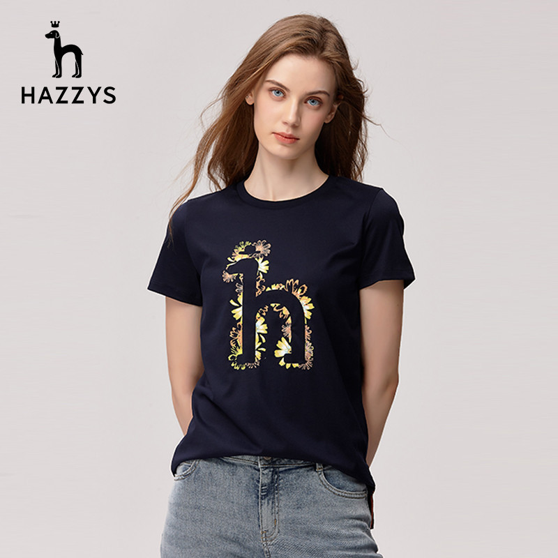 Hazzys 新款純棉短袖女式 T 恤休閒圓領時尚上衣