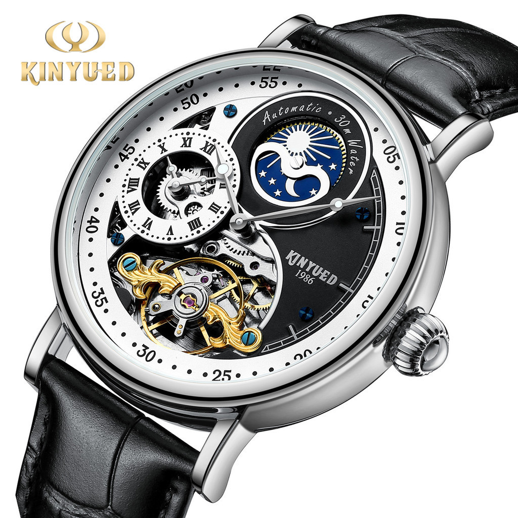 KINYUED 中國風全自動機械錶 鏤空真皮錶帶男表 時尚機械手錶 鋼錶帶多功能男士手錶 K001