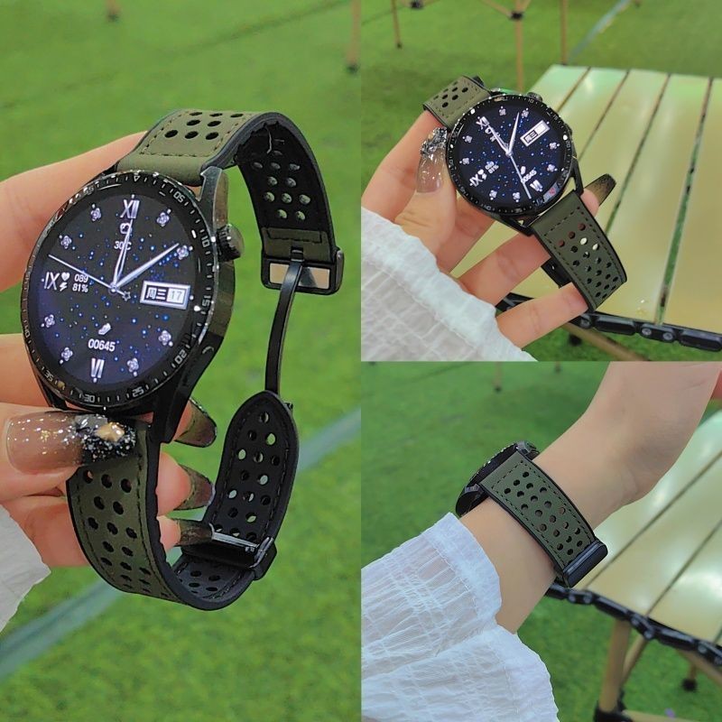 22mm透氣錶帶 適用華為手錶gt4/GT3pro/gt2矽膠貼皮錶帶watch3/4磁吸扣20mm運動錶帶