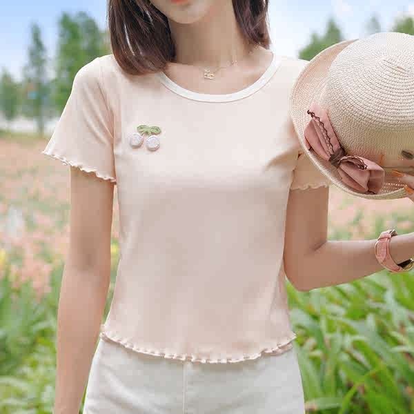 Atar氣質甜櫻桃短袖t恤女裝2023夏季新款木耳飾邊針織露臍上衣he88trft2.tw20240510181647