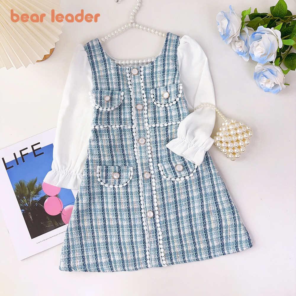 Bear Leader 春秋珍珠點綴粉色藍色長袖格子女童連衣裙 3-7 歲兒童衣服