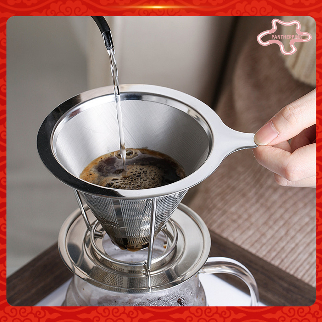 ☀☼咖啡過濾器 304 不銹鋼雙層細網無紙可重複使用倒咖啡滴頭錐形過濾器漏斗咖啡