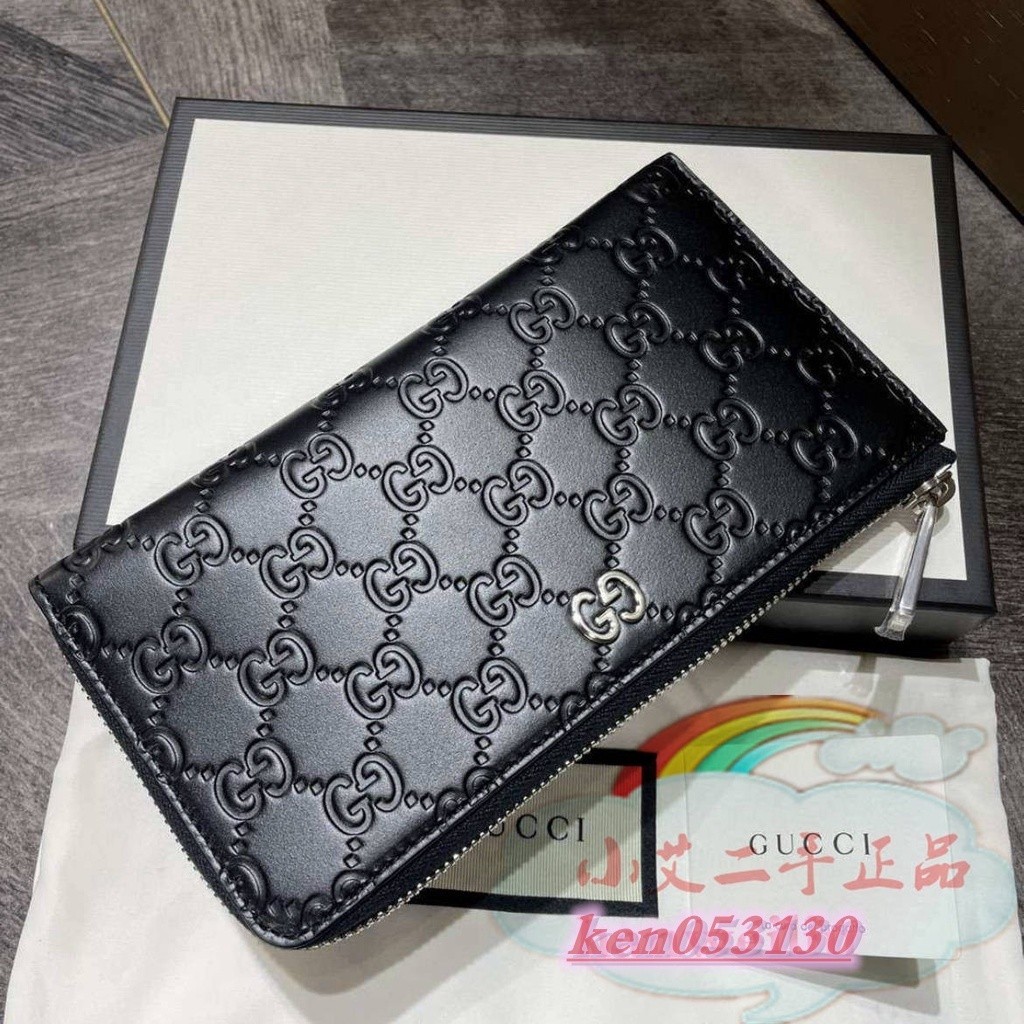 小艾二手 GUCCI 古馳 雙G壓紋皮革 473928 金屬銀Logo 拉鍊長夾 長款錢包 皮夾 手拿包 現貨