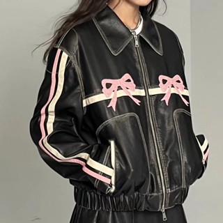 女式新款翻領蝴蝶結夾克利基設計 PU 皮夾克