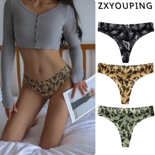 Zxyouping 女士冰絲內褲無縫丁字褲性感低腰內褲蝴蝶印花透氣速乾丁字褲