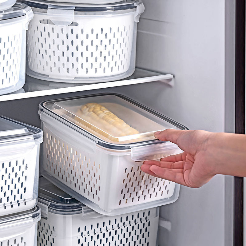 日式雙層瀝水籃 保鮮盒 廚房食品冷凍密封盒 食品級塑膠冰箱收納盒