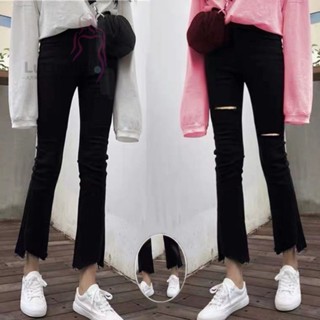 高腰大碼女裝胖mm微喇叭牛仔褲女破洞高彈力秋季新款九分褲子顯瘦 單寧褲 韓版牛仔褲 牛仔寬褲 大碼長褲 牛仔褲