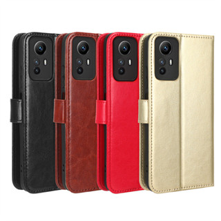 日本書本式側掀皮套 紅米Note 12S 4G手機殼Redmi Note 12S 4G翻蓋皮套插卡瘋馬紋保護套素面手機殼