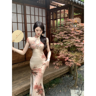 樂芙蘭 洋裝✨實拍 國風水墨印花網紗修身開叉連衣裙中長款 新中式改良盤扣開叉旗袍 優雅氣質短袖洋裝 旗袍連衣裙