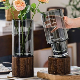👍精品下殺#玻璃花瓶ins風木託輕奢透明水養鮮花客廳插花桌麵中式裝飾擺件