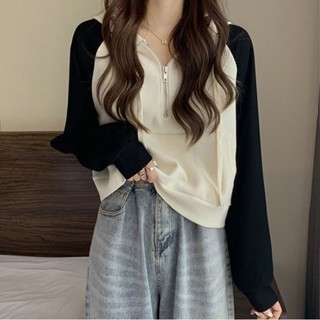 《現貨下單》新款韓版春裝長袖2025大學T女拼接插肩袖拼色拉鍊連帽上衣ins潮設計感女裝女生服飾現貨日系女裝春裝簡約通勤