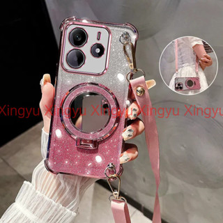 Redmi Note 14 Pro Plus 豪華頸帶保護套 + 四角防震手機殼 3D 化妝鏡支架 TPU 矽膠軟殼帶斜