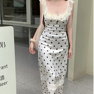 【HOT 本舖】 今年流行的漂亮裙子女夏季法式氣質高階感白色蕾絲拼接波點連衣裙