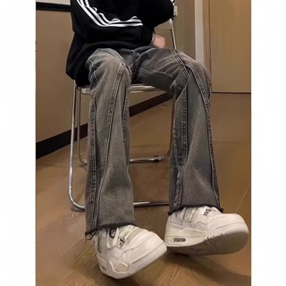 【HOT 本舖】男裝 潮春秋拉鏈水洗青少年黑灰色毛邊微喇牛仔褲男高腰拼接長褲微彈
