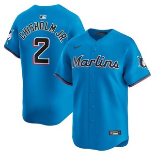 男式 MLB 球衣邁阿密馬林斯 2 Jazz Chisholm Jr. 藍色球員棒球球衣