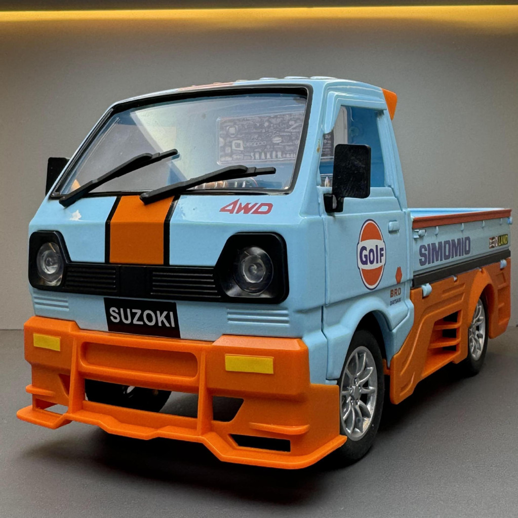 【畫荻模型】合金汽車模型1:24海灣石油版小貨車 聲光回力玩具汽車音樂模型擺件收藏