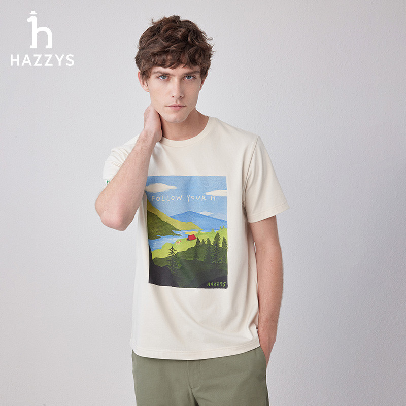 Hazzys 男士簡約時尚休閒短袖圓領印花T恤上衣
