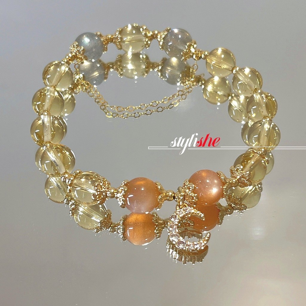 鋯石月亮手鍊女士黃色仿水晶 8 毫米玻璃珠手鍊韓國時尚手飾品