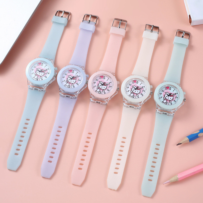 學生Hello Kitty 卡通手錶凱蒂貓手錶夜光兒童手錶軟矽膠帶數字指針手錶