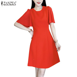 Zanzea 女式韓版時尚圓領後背中心拉鍊荷葉邊袖收腰連衣裙