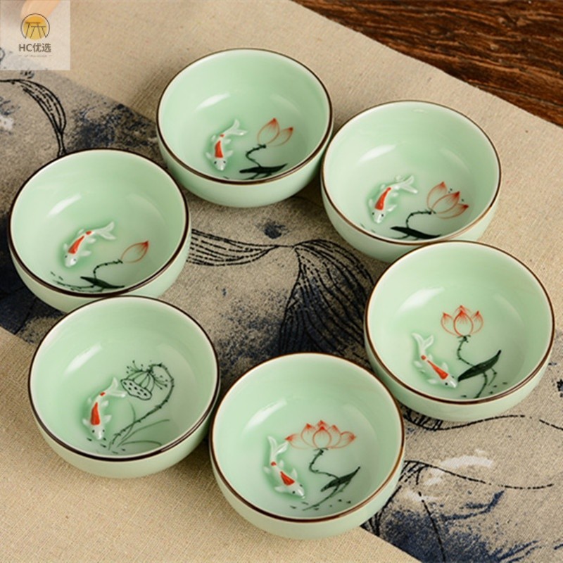 陶瓷功夫茶杯 青瓷傢用茶具套裝手繪品茗杯茶碗鯉魚小茶杯