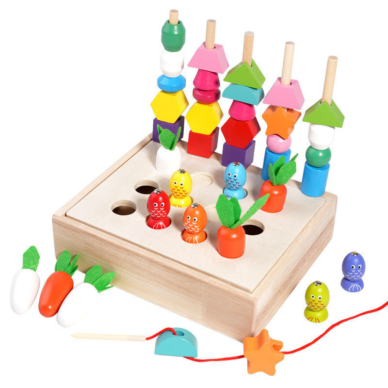 木製釣魚  拔蘿蔔套柱記憶棋 多功能益智玩具 早教顏色積木 分類啟蒙玩具