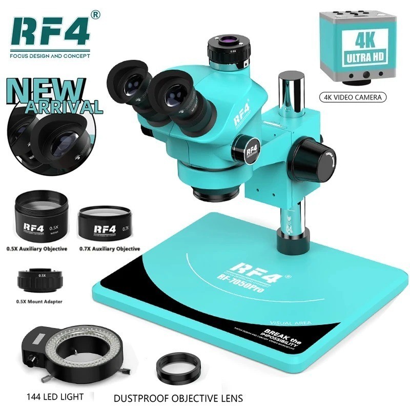 Rf4 三目立體顯微鏡旋鈕 6 檔精確鎖定 7-50X 4K HDMI USB 攝像頭手機焊接 PCB 維修 RF705