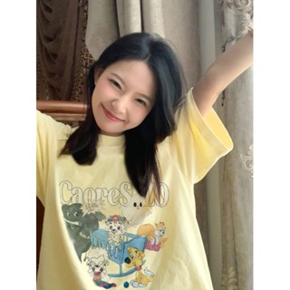 【HOT 本舖】 S-2XL韓版小清新奶黃色短袖T恤女春夏季新款圓領寬鬆打底上衣女裝 顯瘦上衣 衣服 寬鬆上衣