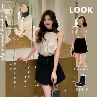 費歐娜~*套裝女2023夏季新款溫柔風掛脖無袖上衣+高腰顯瘦半身裙褲兩件套