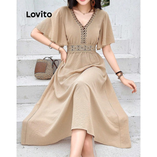 Lovito 波西米亞女式素色蕾絲鏤空鬆緊腰洋裝 LBL09162