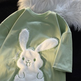 可愛兔子短袖 T 恤女裝 Instagram 時尚夏季寬鬆夏季棉質上衣
