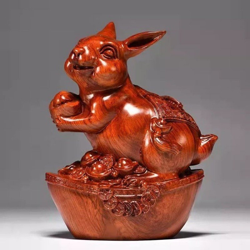 花梨木兔擺件    木雕福財兔 十二生肖動物兔子擺件 紅木實木雕刻工藝品家居擺件