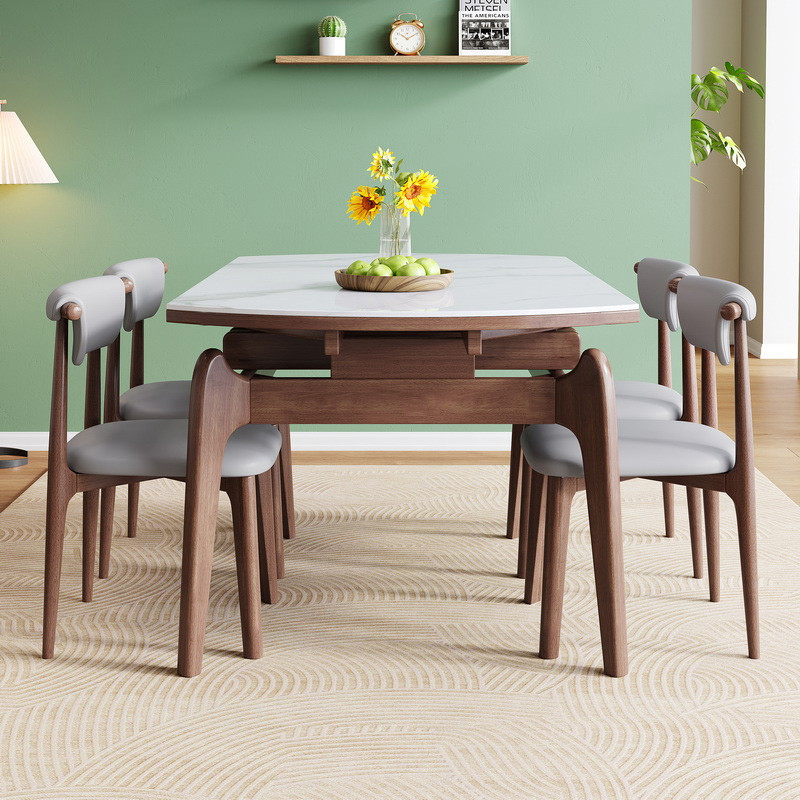 黑胡桃色實木岩板可伸縮餐桌可變圓桌復古摺疊兩用飯桌小戶型家用餐桌 飯桌 桌子 吃飯桌