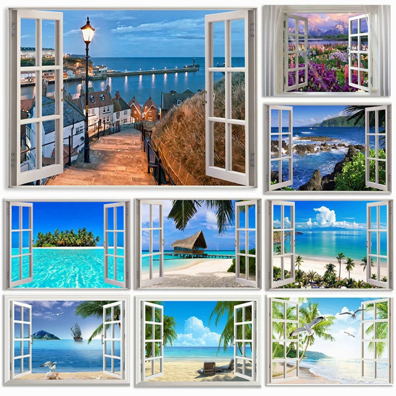 窗戶效果風景海報臥室海景海景帆布繪畫和版畫客廳家居裝飾牆壁藝術圖片
