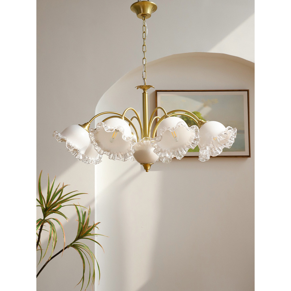 法式奶油玻璃吊燈美式復古花朵輕奢客廳臥室餐廳設計師全銅燈具