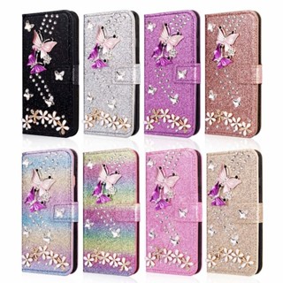 水鑽插卡錢包皮套iPhone 11 Pro Max手機殼 蘋果X/XS Max 閃粉彩蝶XR 6/7/8 plus保護套