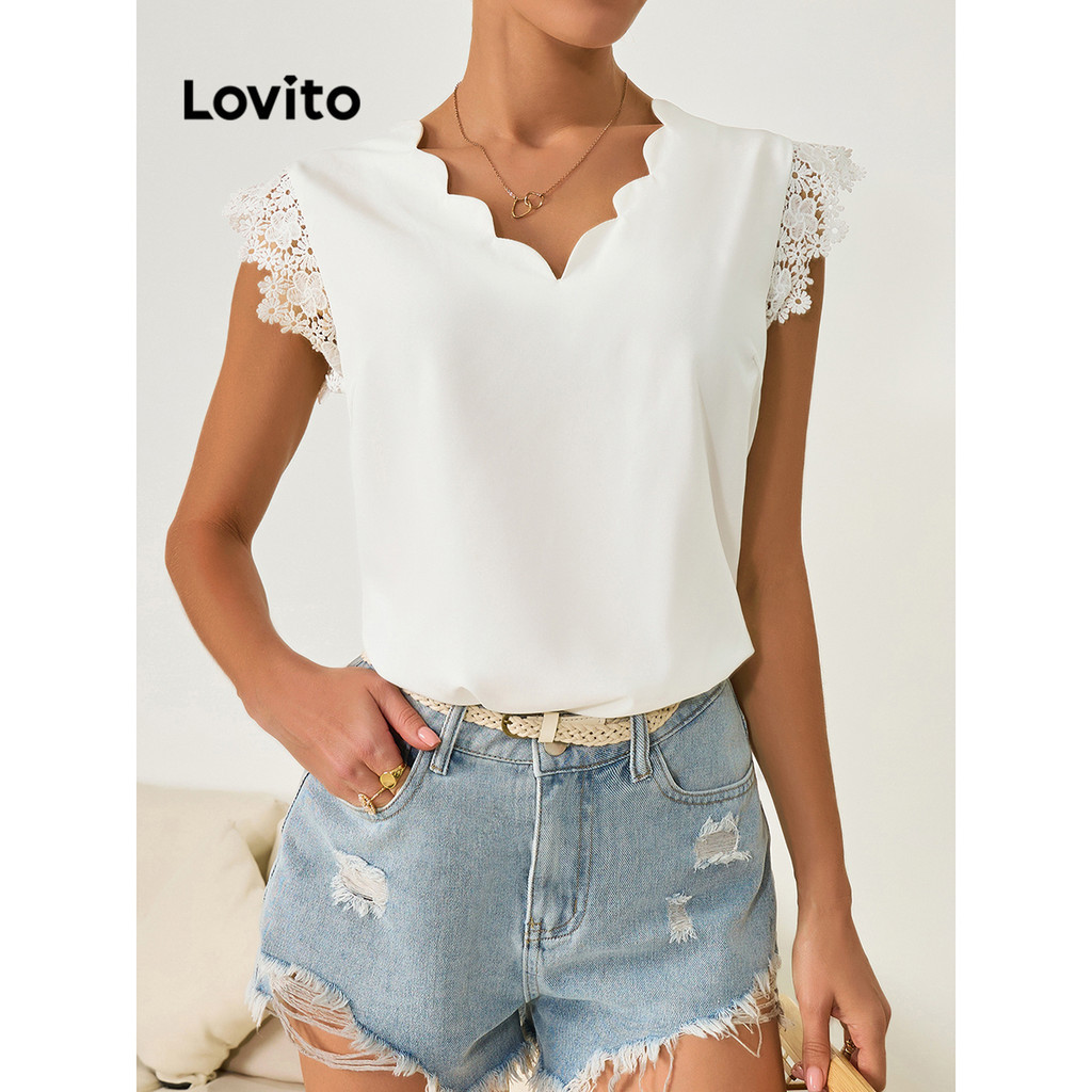 Lovito 女款休閒素色圓形蕾絲襯衫 LBL09070