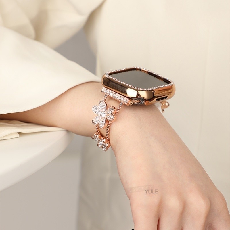 細鑽花朵蘋果手錶帶 奢華女生不鏽鋼鏈式錶帶 適用iwatch SE 1-9代 apple watch錶帶 蘋果錶帶