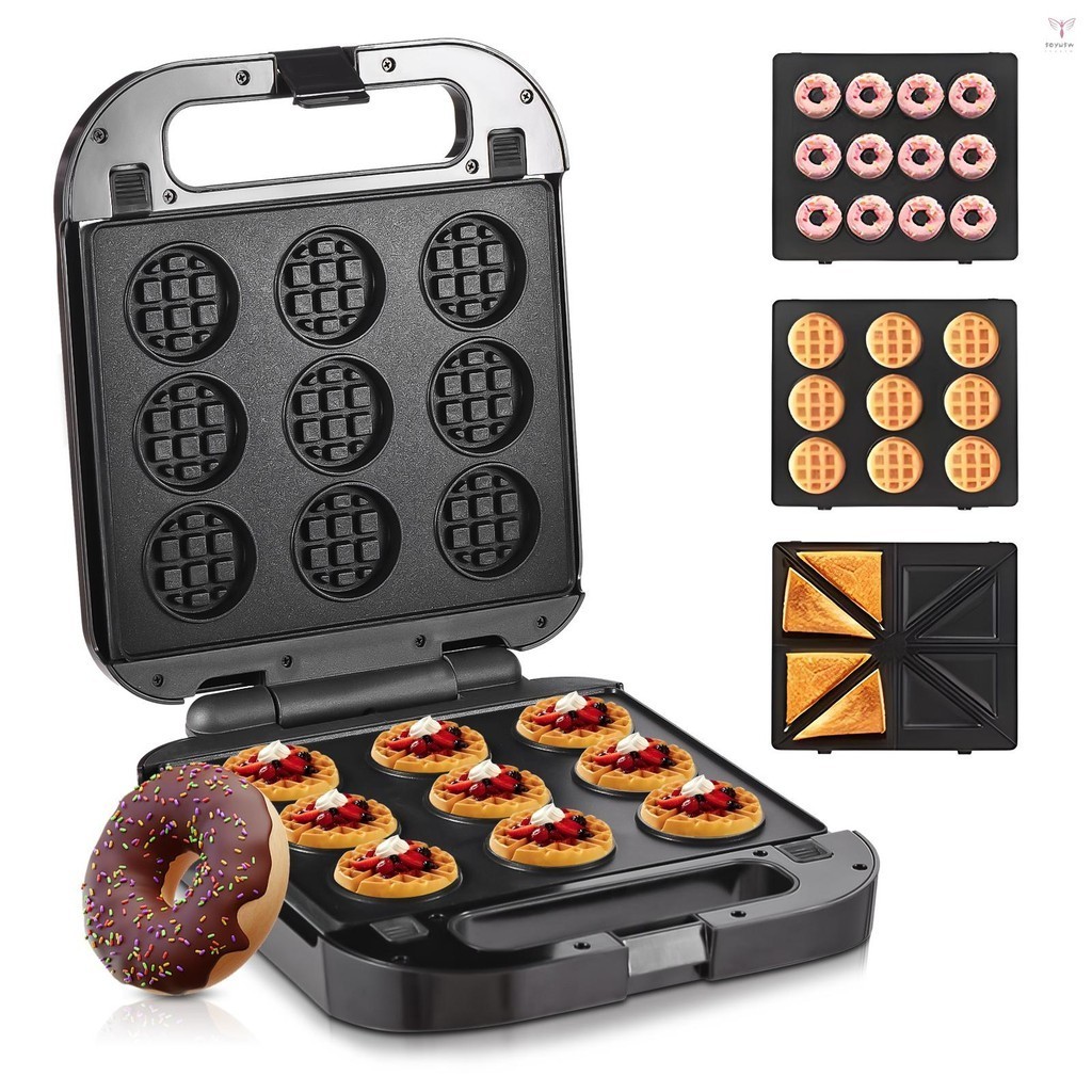 Donut Maker 3 可互換不粘烤盤,用於製作甜甜圈/三明治/華夫餅 1400W 3 合 1 Press Gril