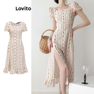 Lovito 女士復古小碎花圖案開衩正面洋裝 L86ED219