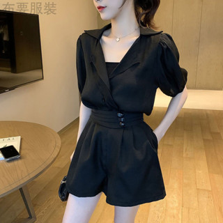 三天出貨-小清新 減齡套裝女 夏季穿搭 小眾設計感 寬松上衣 v領襯衫 高腰闊腿 a字短褲 甜美穿搭 通勤套裝 休閒套裝