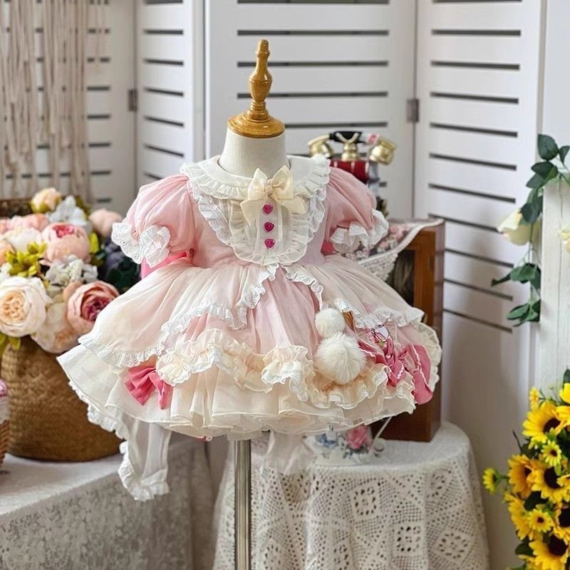 Rainbow Baby女童蘿莉塔粉色蓬蓬公主裙短袖週歲女寶寶禮服洋裝宮廷風洋裝