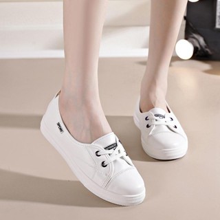 時尚女式白鞋休閒舒適白色皮鞋一腳蹬女式平底鞋