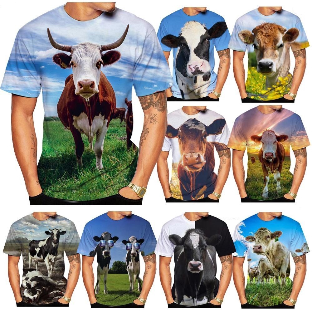 新款時尚動物牛3d印花T恤男女夏季休閒短袖搞笑牛襯衫上衣