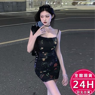 【梨卡】女裝 洋裝 連身裙 海邊度假 黑色碎花 吊帶洋裝 無袖洋裝 甜辣包臀長裙 辣妹性感長洋 GA232【現貨24H】