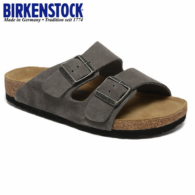 Birken@stock 雙扣軟木拖鞋深灰色絨面軟底涼鞋休閒舒適真皮涼拖Arizona系列（窄版35-40）