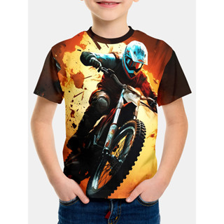 Cool Motorcross 3d 印花男童 T 恤休閒摩托車短袖 T 恤兒童衣服兒童夏季越野自行車 5-12 歲