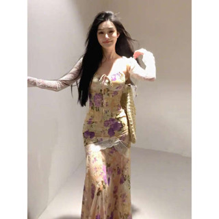 度假長洋 碎花長洋 法式碎花洋裝女春夏新款度假風穿搭小外套+蕾絲拼接吊帶魚尾長裙